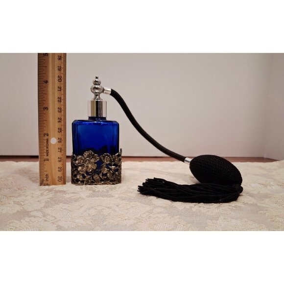 Cobalt Blue Perfume Bottle Atomizer Floral Fillagree Vintage - Picture 5 of 6